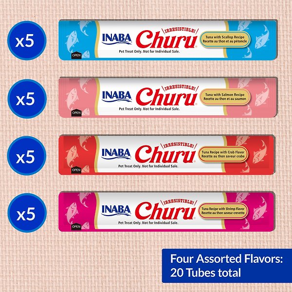 Show full view: Inaba Churu Purees Tuna Seafood Variety Pack Lickable Cat Treats, 14-g tube, 20 count slide 3 of 11