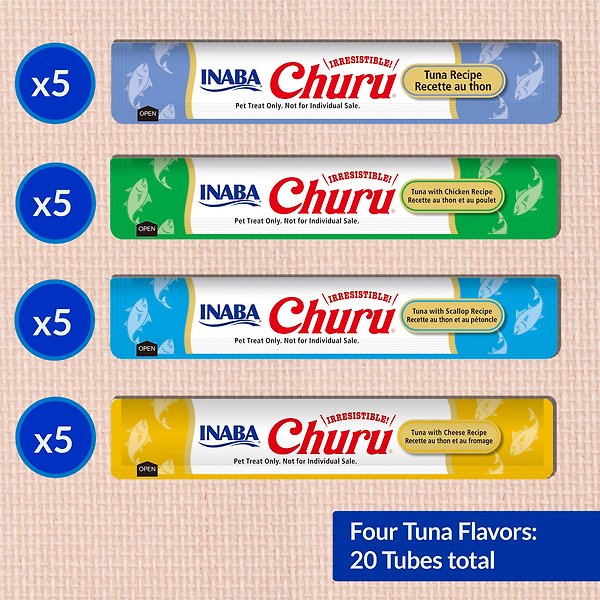 Show full view: Inaba Churu Purees Tuna Variety Pack Lickable Cat Treats, 14-g tube, 20 count slide 3 of 11