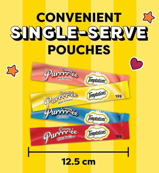 Show full view: Temptations Adult Creamy Puree with Beef Liver, Salmon, Chicken and Tuna Lickable Cat Treats, 12-g pouch, case of 48 slide 5 of 9