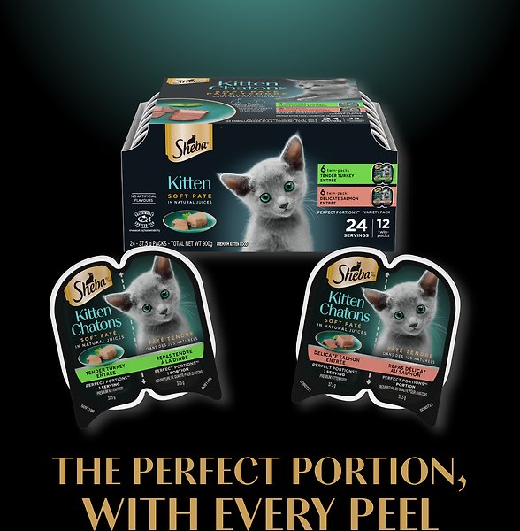 Show full view: Sheba Perfect Portions Kitten Soft Pate Tender Turkey & Delicate Salmon Entree Wet Cat Food, 75-g tray, case of 12 slide 4 of 9