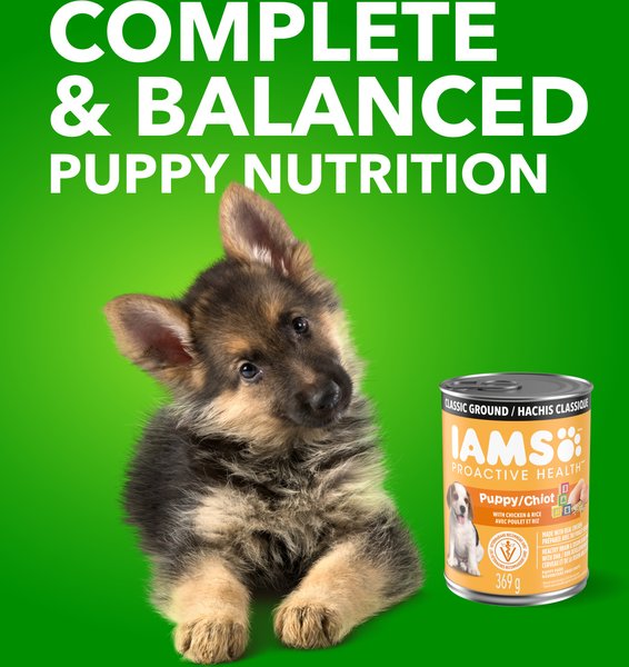 Show full view: Iams Proactive Health Puppy Classic Ground Chicken & Rice Wet Dog Food, 369-g can, case of 12 slide 3 of 6