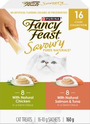 Fancy Feast Savoury Puree Naturals Best Sellers Variety Pack Lickable Cat Treats, 10-g sachet, case of 16
