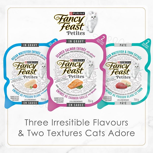 Show full view: Fancy Feast Petites Seafood Favourites Variety Pack Wet Cat Food, 79.4-g tray, case of 24 slide 6 of 9