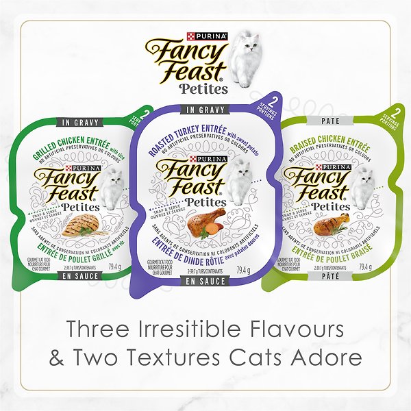Show full view: Fancy Feast Petites Poultry Favourites Variety Pack Wet Cat Food, 79.4-g tray, case of 24 slide 6 of 9