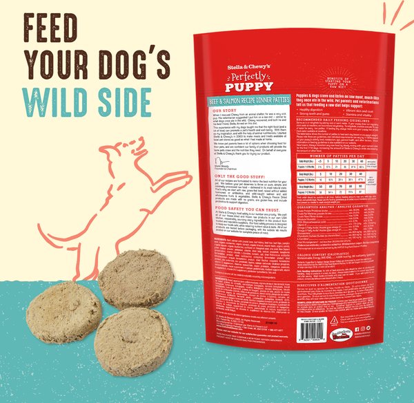 Show full view: Stella & Chewy's Perfectly Puppy Beef & Salmon Dinner Patties Freeze-Dried Raw Dog Food, 5.5-oz bag slide 3 of 8