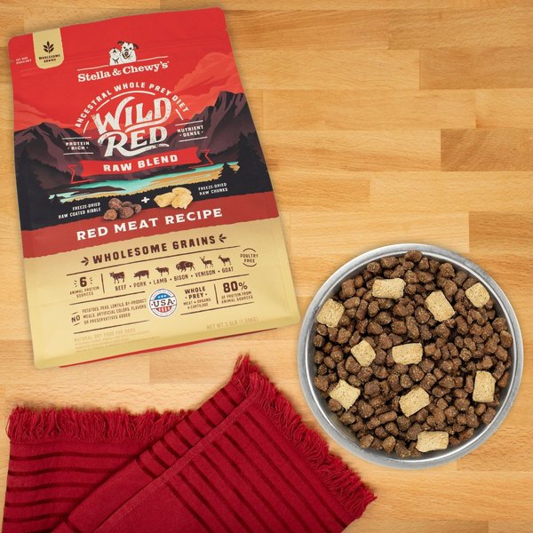 Show full view: Stella & Chewy's Wild Red Raw Blend Kibble Wholesome Grains Red Meat Recipe Dry Dog Food, 1.59-kg bag slide 3 of 6