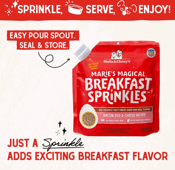 Show full view: Stella & Chewy's Marie's Magical Breakfast Sprinkles Freeze-Dried Raw Bacon, Egg & Cheese Recipe Grain-Free Dog Food Topper, 7-oz bag slide 4 of 10