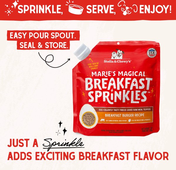 Show full view: Stella & Chewy's Marie's Magical Breakfast Sprinkles Freeze-Dried Raw Breakfast Burger Recipe Grain-Free Dog Food Topper, 7-oz bag slide 4 of 10