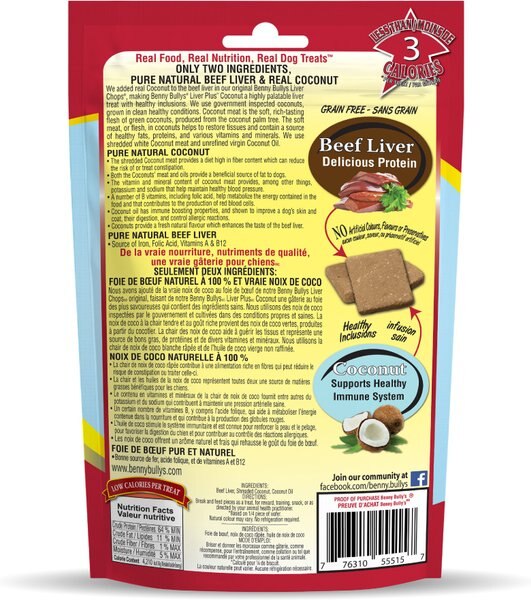 Show full view: Benny Bullys Plus Beef Liver & Coconut Freeze-Dried Dog Treats, 58-g bag slide 3 of 5