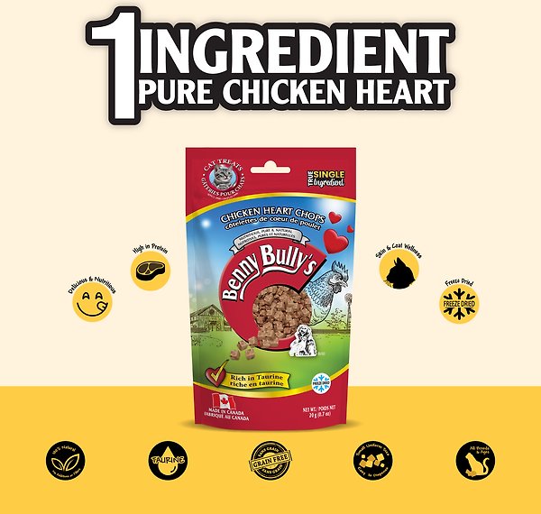 Show full view: Benny Bullys Chicken Heart Raw Freeze-Dried Cat Treats, 20-g bag slide 3 of 6