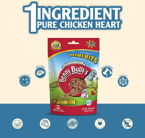 Show full view: Benny Bullys Chicken Heart Mini Bits Raw Freeze-Dried Dog Treats, 38-g bag slide 3 of 6