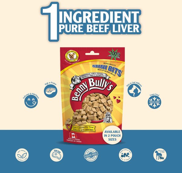Show full view: Benny Bullys Beef Liver Mini Bit Freeze-Dried Dog Treats, 50-g bag slide 3 of 5