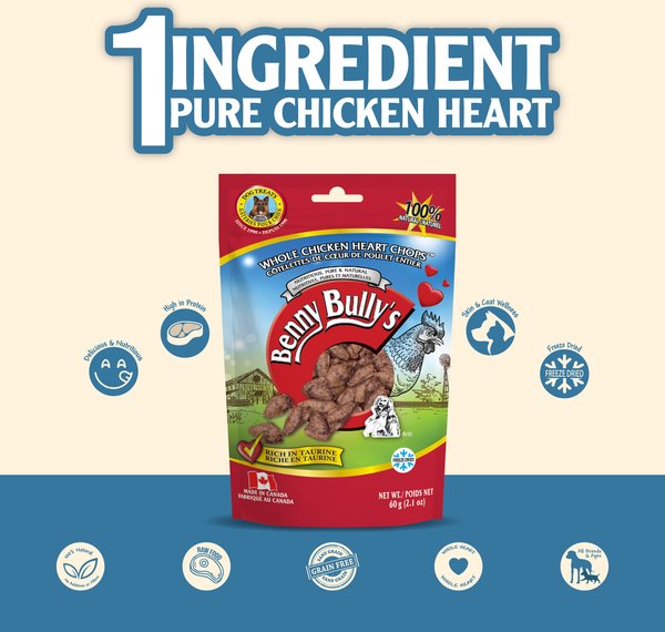 Show full view: Benny Bullys Chicken Whole Heart Raw Freeze-Dried Dog Treats, 60-g bag slide 3 of 6