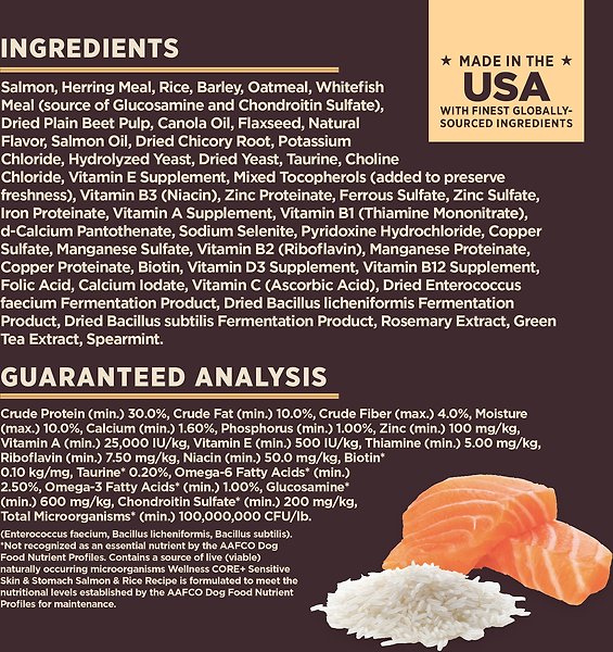 Show full view: Wellness CORE+ Sensitive Skin & Stomach Natural Adult Salmon & Rice Recipe Dry Dog Food, 1.81-kg bag slide 8 of 10