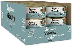 Applaws Vitality Tuna Fillet & Mackerel Recipe Pate Grain-Free Wet Cat Food, 2.47-oz can, case of 24