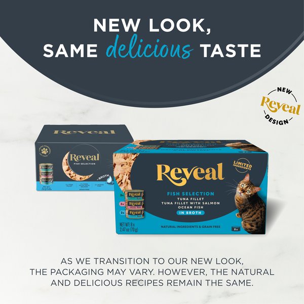 Show full view: Reveal Natural Fish in Broth Variety Pack Grain-Free Wet Cat Food, 2.47-oz can, case of 8 slide 4 of 9