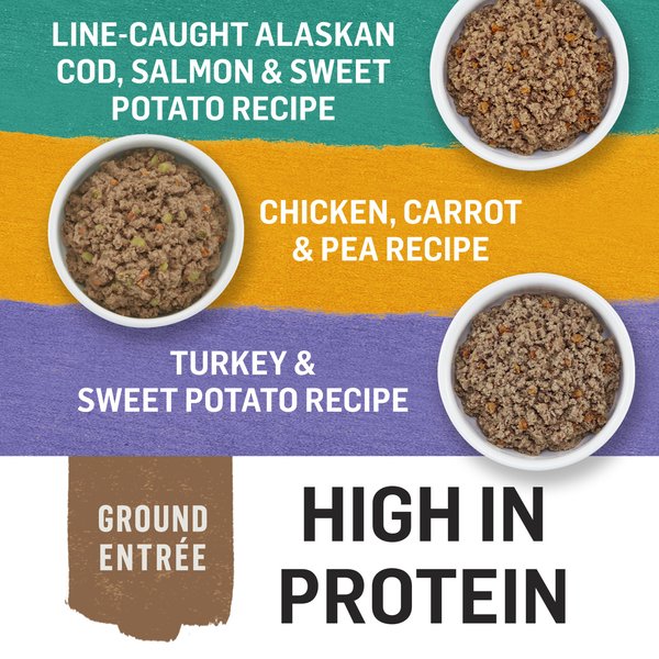 Show full view: Purina Beyond Grain-Free Ground Entree Variety Pack Alaskan Cod, Salmon, Chicken & Turkey Wet Dog Food, 368-g can, case of 6 slide 8 of 9
