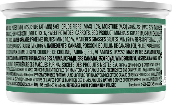 Show full view: Purina Beyond Pate Grain-Free Canadian Duck & Sweet Potato Recipe Wet Cat Food, 85-g can, case of 12 slide 4 of 17