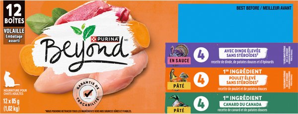 Show full view: Purina Beyond Poultry Variety Pack Chicken & Sweet Potato, Cage-Free Turkey, Sweet Potato & Spinach, & Canadian Duck & Sweet Potato Wet Cat Food, 85-g can, case of 12 slide 4 of 15