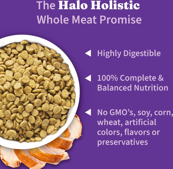 Show full view: Halo Holistic Complete Digestive Health Grain-Free Turkey & Sweet Potato Dog Food Recipe Adult Dry Dog Food, 1.59-kg bag slide 5 of 11