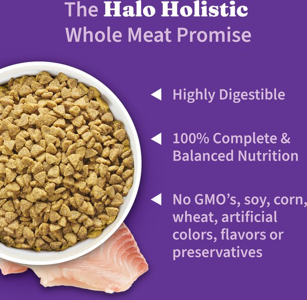 Show full view: Halo Holistic Wild-Caught Whitefish Recipe Sensitive Stomach Support Adult Dry Cat Food, 2.72-kg bag slide 4 of 10