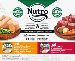 Nutro Natural Choice Cuts in Gravy Tender Chicken, Sweet Potato & Pea Stew and Simmered Beef & Potato Stew Adult Wet Dog Food, 100-g tray, case of 12