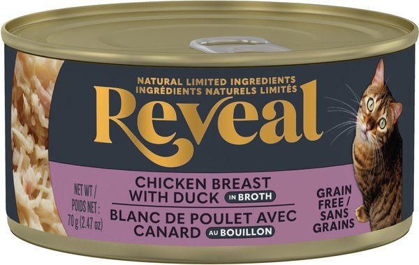 Show full view: Reveal Natural Limited Ingredient Grain-Free Chicken Breast & Duck in Broth Wet Cat Food, 2.47-oz, case of 24 slide 4 of 10