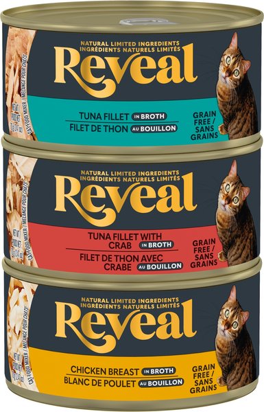 Show full view: Reveal Natural Grain-Free Variety Fish & Chicken in Broth Flavored Wet Cat Food, 2.47-oz can, case of 12 slide 4 of 11