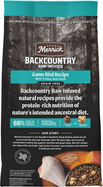 Show full view: Merrick Backcountry Raw Infused Grain-Free Game Bird Recipe Freeze-Dried Dog Food, 9.07-kg bag slide 4 of 17