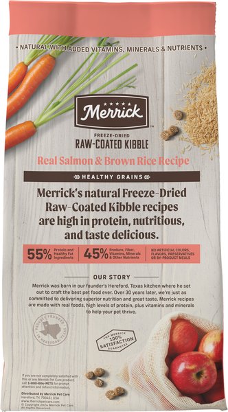 Show full view: Merrick Healthy Grains Raw-Coated Kibble Real Salmon + Brown Rice Recipe Freeze-Dried Dry Dog Food, 4.54-kg bag slide 4 of 16