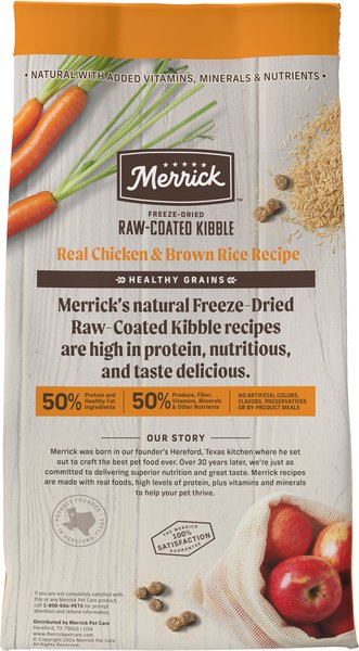 Show full view: Merrick Healthy Grains Raw-Coated Kibble Real Chicken + Brown Rice Recipe Freeze-Dried Dry Dog Food, 1.81-kg bag slide 4 of 17