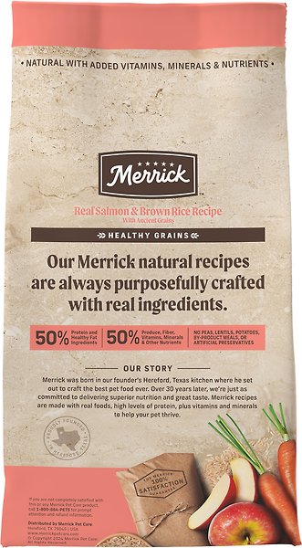 Show full view: Merrick Healthy Grains Real Salmon & Brown Rice Recipe with Ancient Grains Dry Dog Food, 5.44-kg bag slide 4 of 16