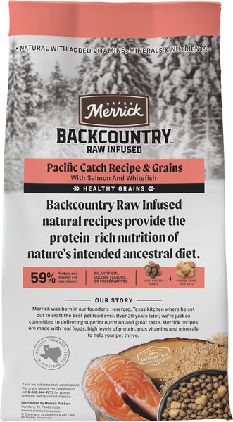 Show full view: Merrick Backcountry Chicken-Free Raw Infused Pacific Catch Recipe with Healthy Grains Dry Dog Food, 1.81-kg bag slide 4 of 17
