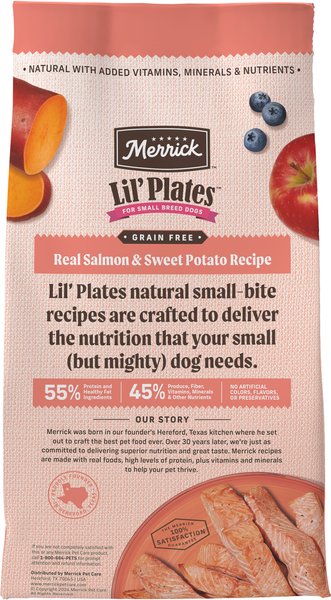 Show full view: Merrick Lil' Plates Grain-Free Chicken-Free Real Salmon + Sweet Potato Recipe Small Breed Dry Dog Food, 5.44-kg bag slide 4 of 17