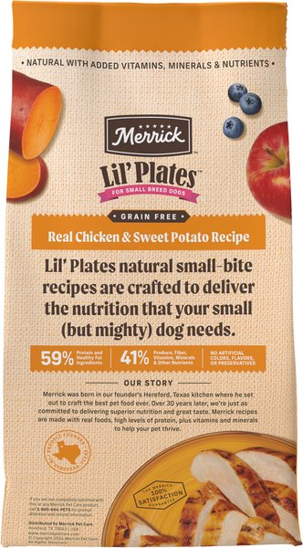 Show full view: Merrick Lil' Plates Grain-Free Real Chicken + Sweet Potato Recipe Small Breed Dry Dog Food, 5.44-kg bag slide 4 of 17