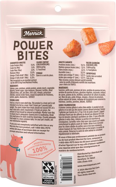 Show full view: Merrick Power Bites Real Salmon Recipe Grain-Free Soft & Chewy Dog Treats, 170-g bag slide 4 of 18