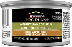 Purina Pro Plan Weight Management Chicken & Rice Entree Wet Cat Food, 85-g can, case of 24