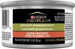 Purina Pro Plan Weight Management Salmon & Rice Entree Wet Cat Food, 85-g can, case of 24