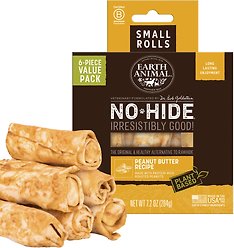 Earth Animal No-Hide Small Rolls Long Lasting Natural Rawhide Alternative Peanut Butter Vegetarian Recipe Chew Dog Treats, 6 count