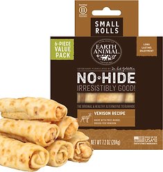 Earth Animal No-Hide Small Rolls Long Lasting Natural Rawhide Alternative Venison Recipe Chew Dog Treats, 6 count