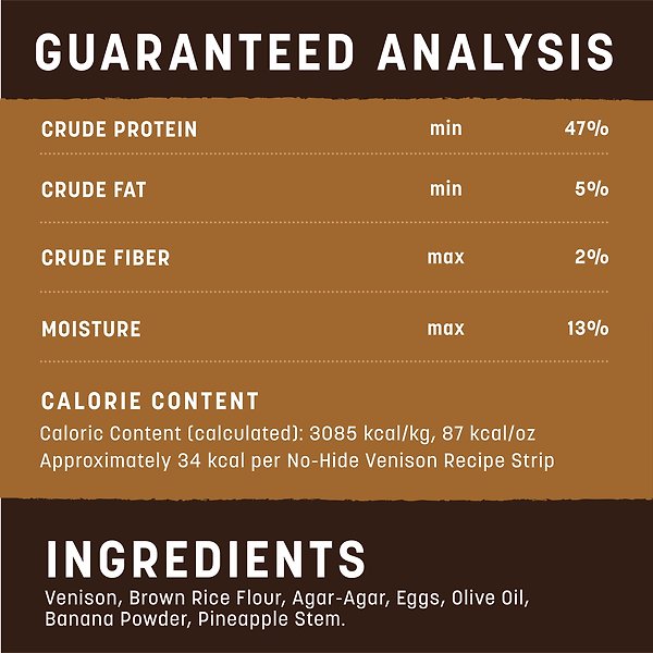 Show full view: Earth Animal No-Hide Strips Thin Natural Rawhide Alternative Venison Recipe Chew Dog Treats, 10 count slide 7 of 9