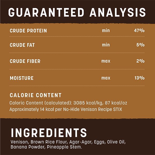 Show full view: Earth Animal No-Hide Stix Long Lasting Natural Rawhide Alternative Venison Recipe Chew Dog & Cat Treat Sticks, 20 count slide 5 of 6