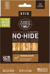 Earth Animal No-Hide Stix Long Lasting Natural Rawhide Alternative Venison Recipe Chew Dog & Cat Treat Sticks, 20 count