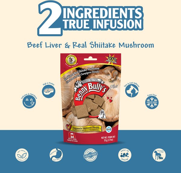Show full view: Benny Bullys Beef Liver & Mushrooms Raw Freeze-Dried Dog Treats, 53-g bag slide 4 of 6