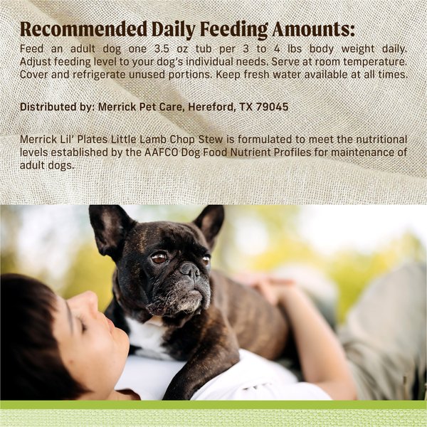 Show full view: Merrick Lil' Plates Grain-Free Small Breed Wet Dog Food Little Lamb Chop Stew, 99-g tub, case of 12 slide 13 of 14