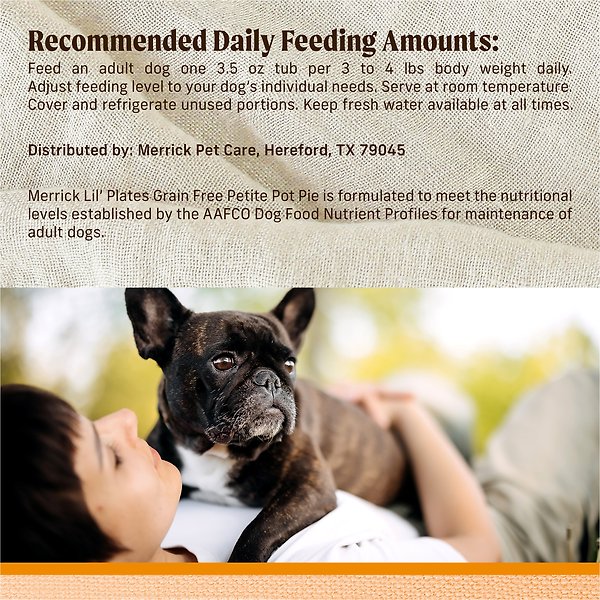 Show full view: Merrick Lil' Plates Grain-Free Small Breed Wet Dog Food Petite Pot Pie, 99-g tub, case of 12 slide 14 of 16