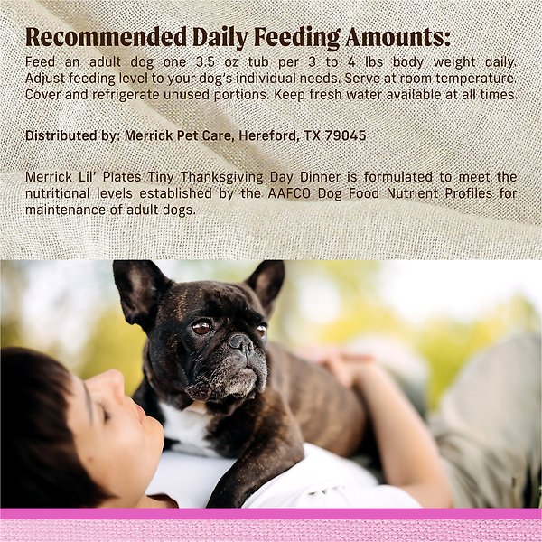 Show full view: Merrick Lil' Plates Grain-Free Small Breed Wet Dog Food Tiny Thanksgiving Day Dinner, 99-g tub, case of 12 slide 14 of 15