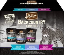 Merrick Backcountry Grain-Free Morsels in Gravy Real Duck, Chicken, Turkey Recipe Cuts Variety Pack Cat Food Pouches, 85-g, case of 12