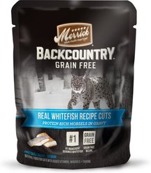 Merrick Backcountry Grain-Free Morsels in Gravy Real Whitefish Recipe Cuts Cat Food Pouches, 85-g, case of 24