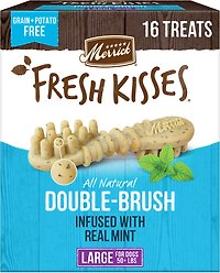 Merrick Fresh Kisses Double-Brush Mint Breath Strip Infused Large Dental Dog Treats, 16 count